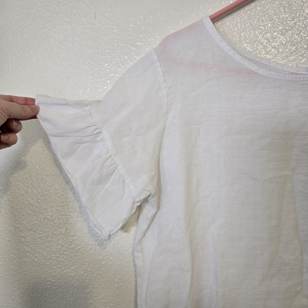 ME & GEE Italy Top Linen Cotton Ruffle Sleeve Peplum Abalone Button Up Back NWT - Picture 2 of 7
